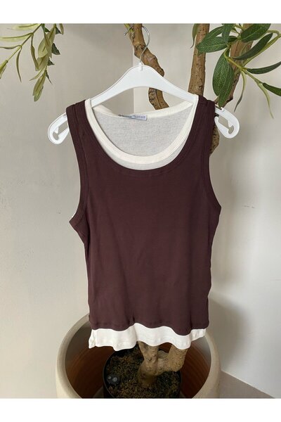 Bade Butik Ecru Brown Double-Layer Cropped Blouse