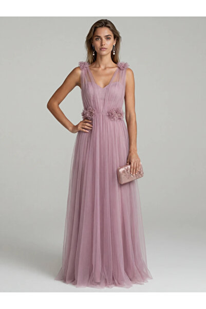 Ejolie Kira dusty pink tulle long dress with floral appliqués
