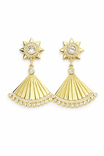 Karşıyaka Bijuteri Steel Gold Fan Model Stone Dangle Earrings