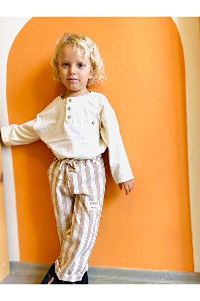 Motebarn Wear Tricou cu mânecă lungă ecru pentru băieți, bej, cu dungi pantal...