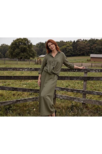 DenizEge Önden Tie-Detail Italian K Linen Shirt Khaki