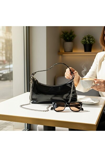 FURMELİA WOMAN Kadın Siyah Parlak Zımba Detaylı Omuz Çantası - Zincir Askılı ...