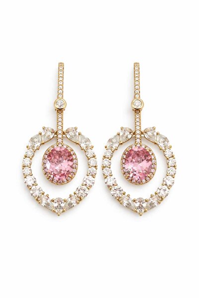 Karşıyaka Bijuteri Steel Pink Stone Detailed Oval Design Dangle Women's Earrings