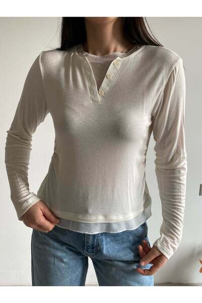 Bade Butik Ecru Tulle Detail Sheer Blouse