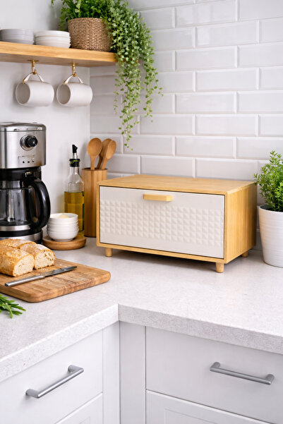 MİS KİTCHEN خزانة خبز حديثة بغطاء كريمي اللون بامبو - منظم خزانة الخبز فوق ال...