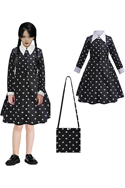 BINXWA Wednesday Character Dress for Kids with Matching Bag, 150
