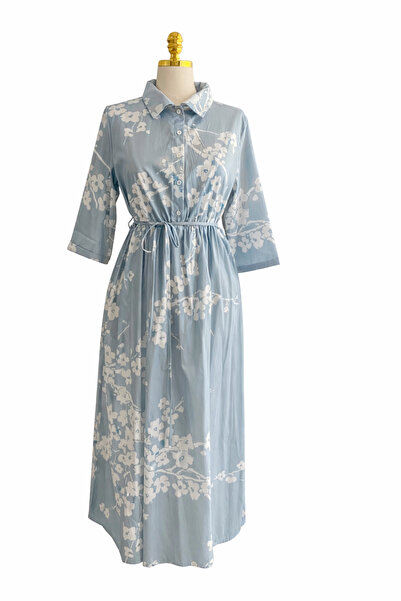 OEM Pastel blue midi dress with Printed , adjustable waist – Elegant day/vaca...