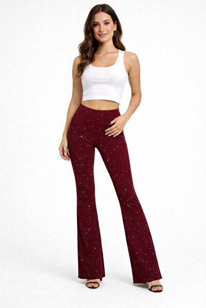 Enva Store Taşlı Tayt İspanyol Paça Likralı Bordo