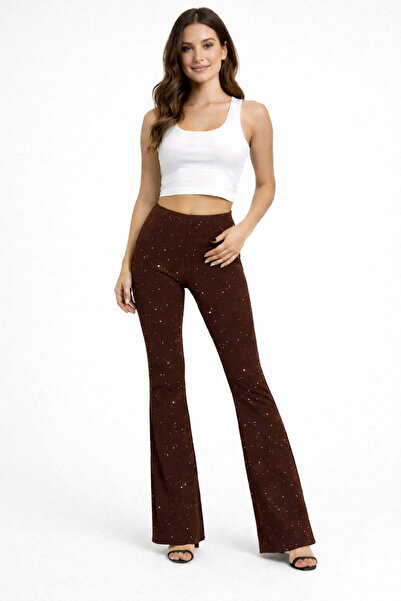 Enva Store Taşlı Tayt İspanyol Paça Likralı Kahverengi