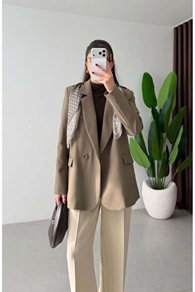 Ecenin Favorileri Fular cu model Blazer cu căptușeală Jachetă kaki pentru femei
