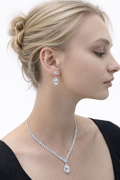 Karşıyaka Bijuteri Çelik Zirkon Taşlı Zarif Tasarım Damla Detaylı Kadın Kolye...