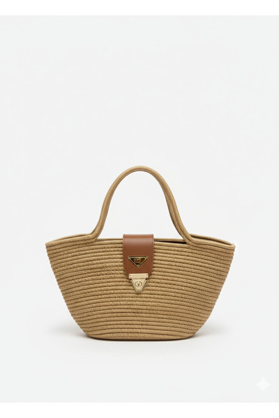 sfb Women's Bag Natural Straw Knitted Leather Zip Detail Shoulder Strap Large Volume Beach Casual Summer Bag