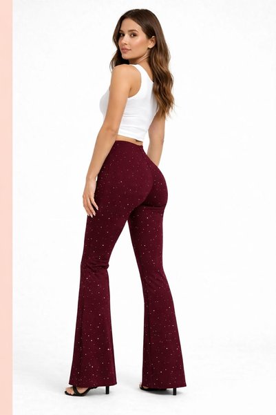 Enva Store Stone Detailed Leggings Flared L Stretch Fabric Claret Red