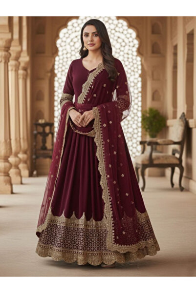 MYSMAR Maroon Faux Georgette Gown - HRT7022 | Maroon