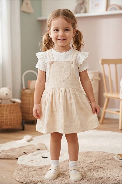 MUBA KIDS Kız Çocuk Kalp Nakışlı Jile Müslin Elbise ve Puanlı Tişört Kombini