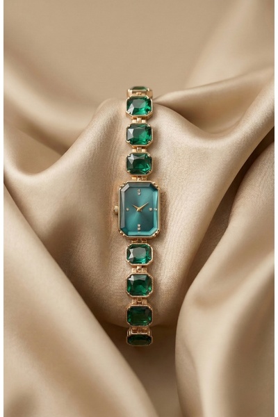 KLISHE Butik Women's Steel Watch Gold Color Green Stone Luxury Vintage Elegan...