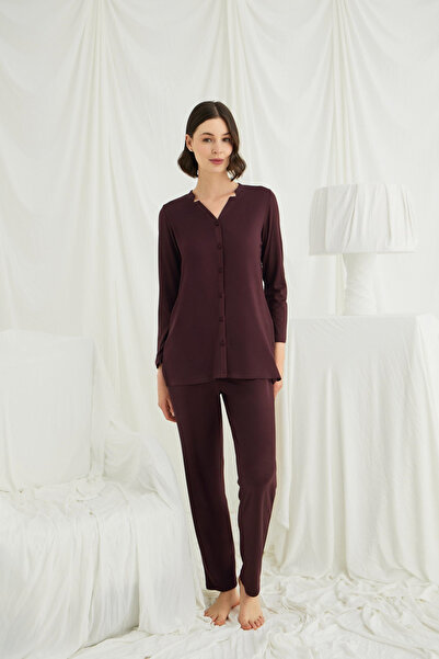 Findit Long Sleeve Button down V Neck Pajama Set