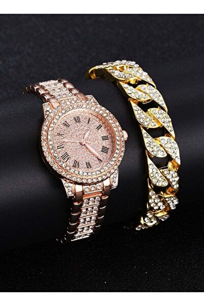 GENERAL ساعة يد نسائية تناظرية من الفولاذ المقاوم للصدأ مرصعة بالأحجار مع سوا...