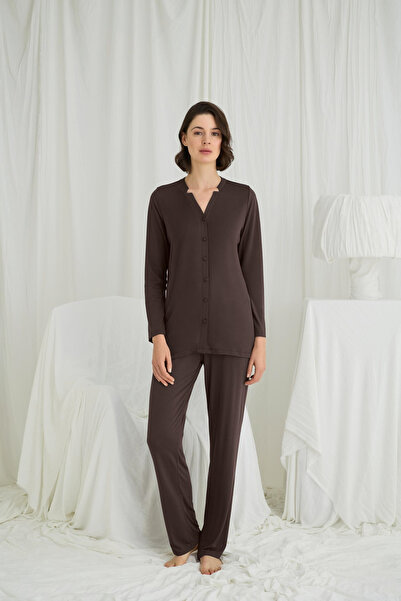 Findit Long Sleeve Button down V Neck Pajama Set