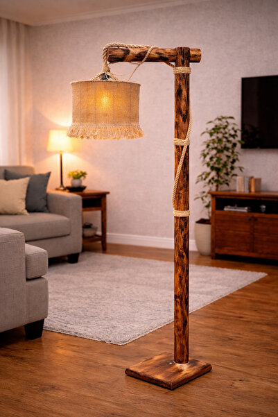 Mutluhan Desing El Yapımı Doğal Ahşap Lambader – Hasır Başlıklı Rustik Dekora...