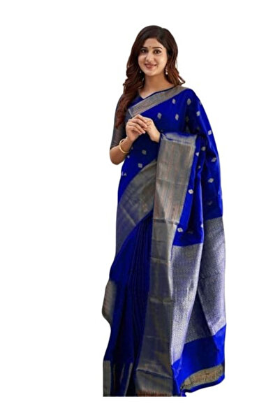 MYSMAR بلوزة ساري من حرير الليتشي الأزرق - MAF3067 | أزرق