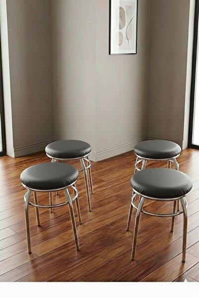 DZGN HOME 4'lü Tabure Krom Ayaklı Kumaş Kaplama - Koyu Gri