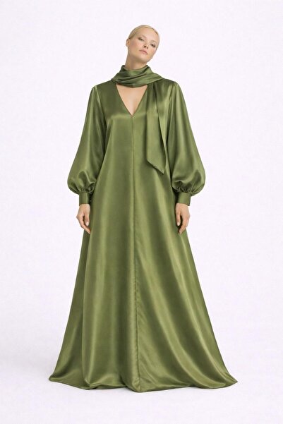 ALYEL NAKER Balloon Sleeves & V-Neck Maxi A-Line Casual Satin Dress