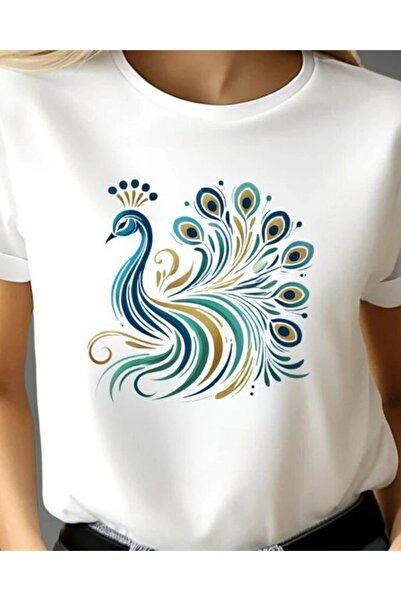 Vordevia تي شيرت Peacock مطبوع أبيض كبير الحجم للجنسين، تي شيرت يومي مريح ذو ...