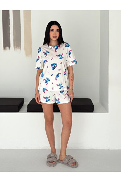 LETS BASIC Kadın Beyaz Stitch Desenli Şortlu Pijama Takımı – Rahat Kesim Yazl...