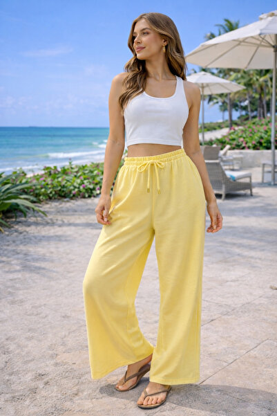 ŞIK VE MUTLU بنطلون موسلين كتان واسع الساقين فائق النعومة