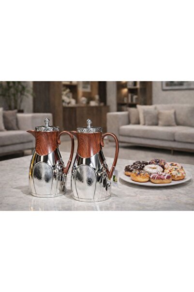 sahal aloula طقم ترامس الاميرة فضي مخشب لماع حافظ للحرارة من 6-9 ساعات 1 لتر