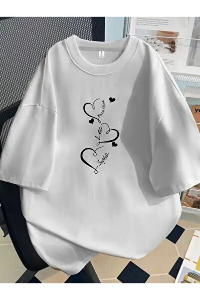 Vordevia Tricou unisex supradimensionat alb cu imprimeu cu 3 inimi Tricou de ...