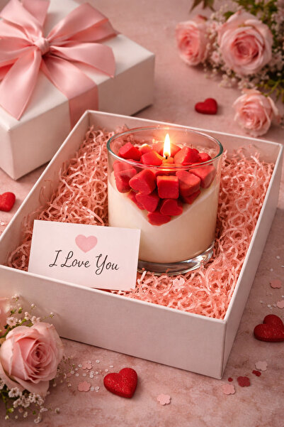Candle d'amour – Kalp Detaylı Romantik Gül-Vanilya Kokulu Dekoratif Mum- Koku...