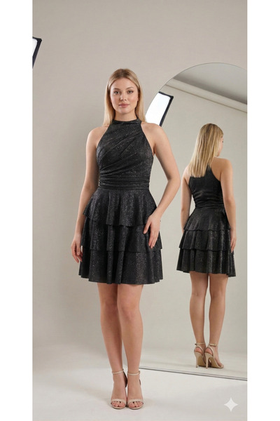 gry wear Halter Yaka Simli Şık Mezuniyet ve Gece Elbisesi