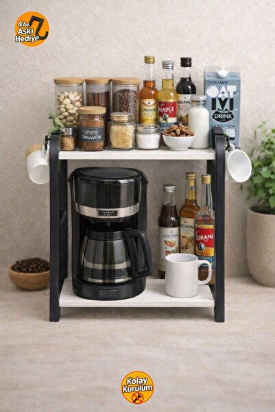 Bambus Mutfak Tezgah Üstü 2 Raflı Beyaz Baharatlık Standı Organizer Baharatlı...