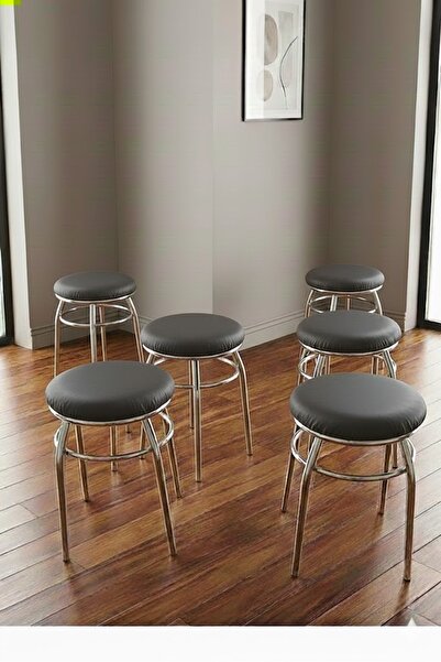 DZGN HOME 6'lı Tabure Krom Ayaklı Kumaş Kaplama - Koyu Gri