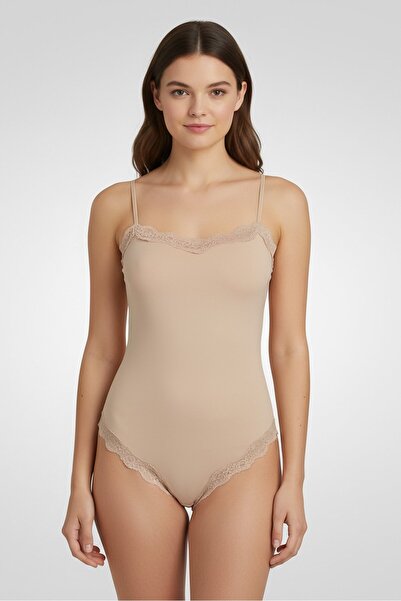 RENE ROFE Women Plain Sleeveless Bodysuit, Beige