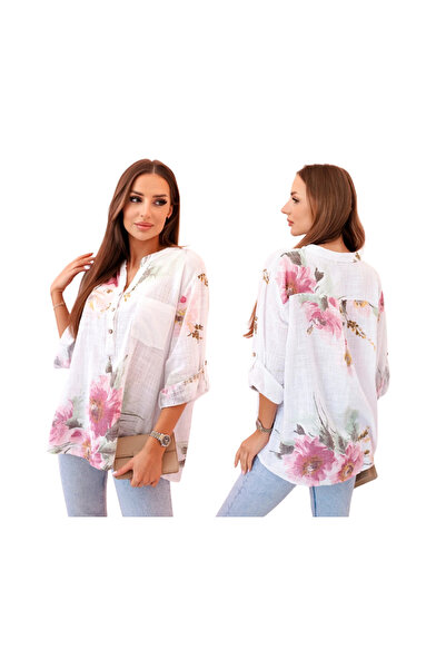Kesi Bluză albă supradimensionată din bumbac pentru femei, cu imprimeu floral