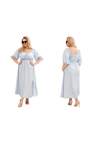 Kesi Women's blue dress with Printed and gathered waist, plus size