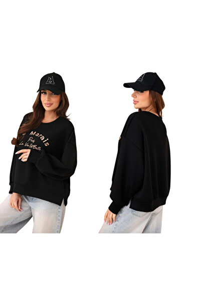 Kesi Hanorac negru de damă din viscoză supradimensionată cu inscripție