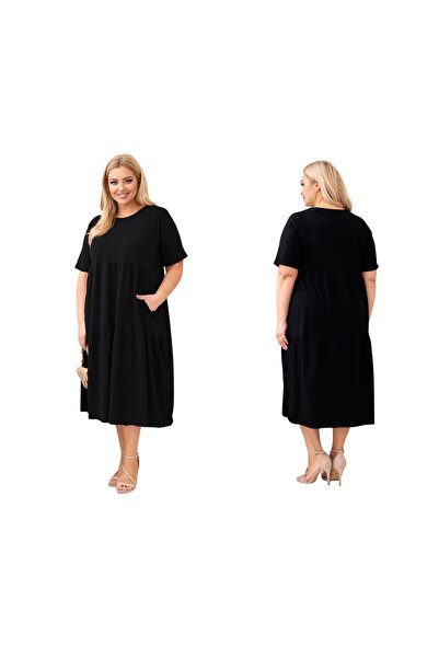 Kesi Cotton's black cotton dress, plus size, with flared sleeves and pockets
