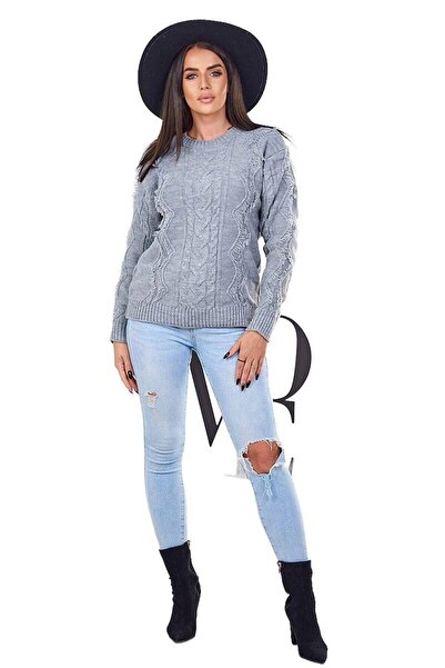 Kesi Pulover gri tricotat cu împletitură