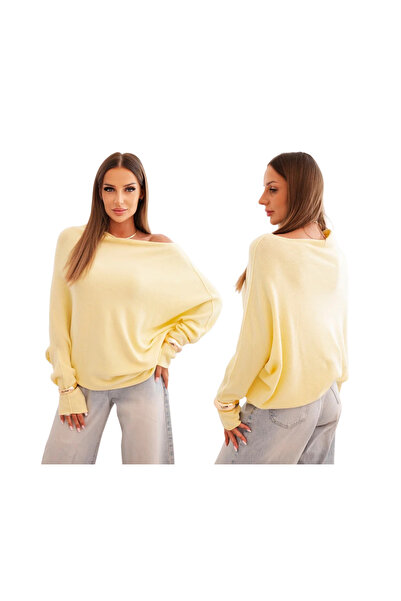 Kesi Pulover galben asimetric supradimensionat pentru femei, cu decolteu larg