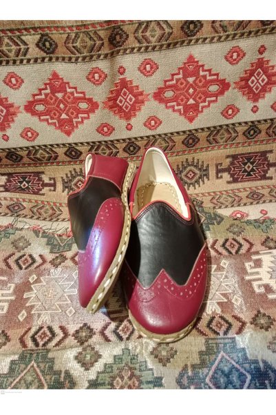 Mekapçı İhsan Burgundy Black Women's Yemeni Sandals Genuine Leather Hand-Sewn Leather Sole Size Stiletto Heel 37