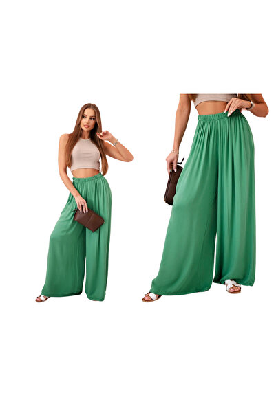 Kesi Pantaloni verzi de damă din viscoză, cu talie înaltă, cu croi larg