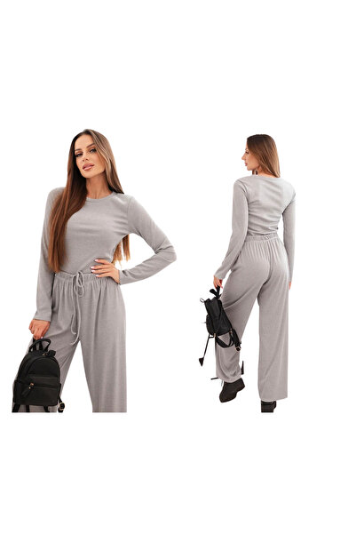 Kesi Set de damă din viscoză gri, cu bluză și pantaloni largi