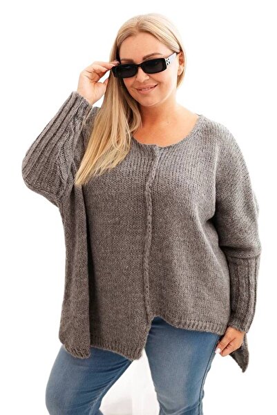 Kesi Women's Oversized graphite sweater, plus size, with asymmetric hem