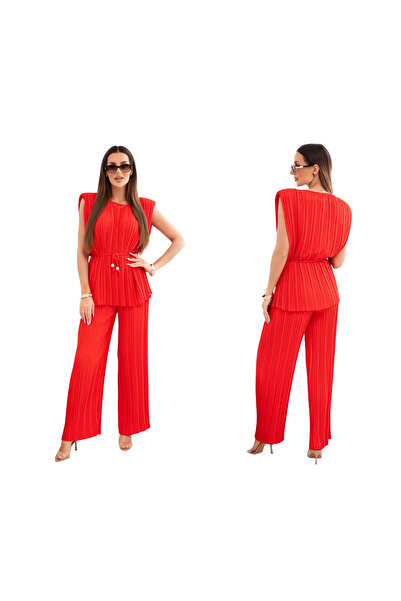 Kesi Set roșu plisat pentru femei, cu bluză fără mâneci și pantaloni largi