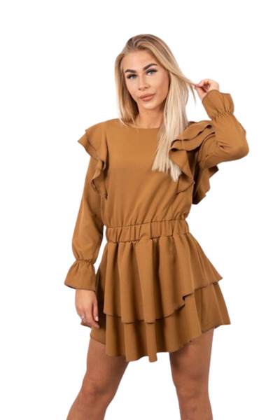 Kesi Rochie camel cu volane verticale