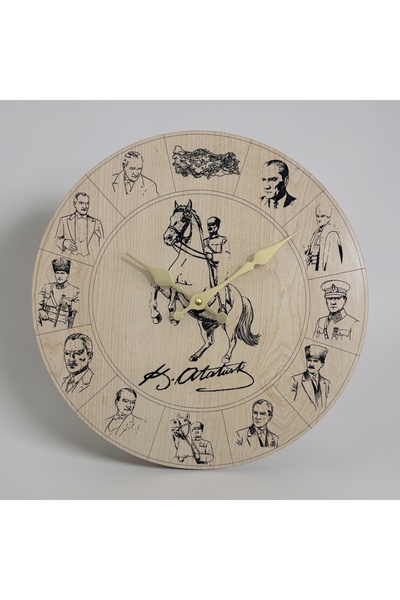 Pelince Ataturk Portrait Laser Engraved Wooden Wall Clock 33 cm |   Signed 12...